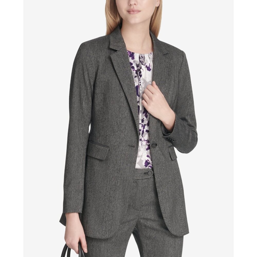 NWT Calvin Klein Womens Size 8 Gray Herringbone One-Button Blazer Jacket NEW